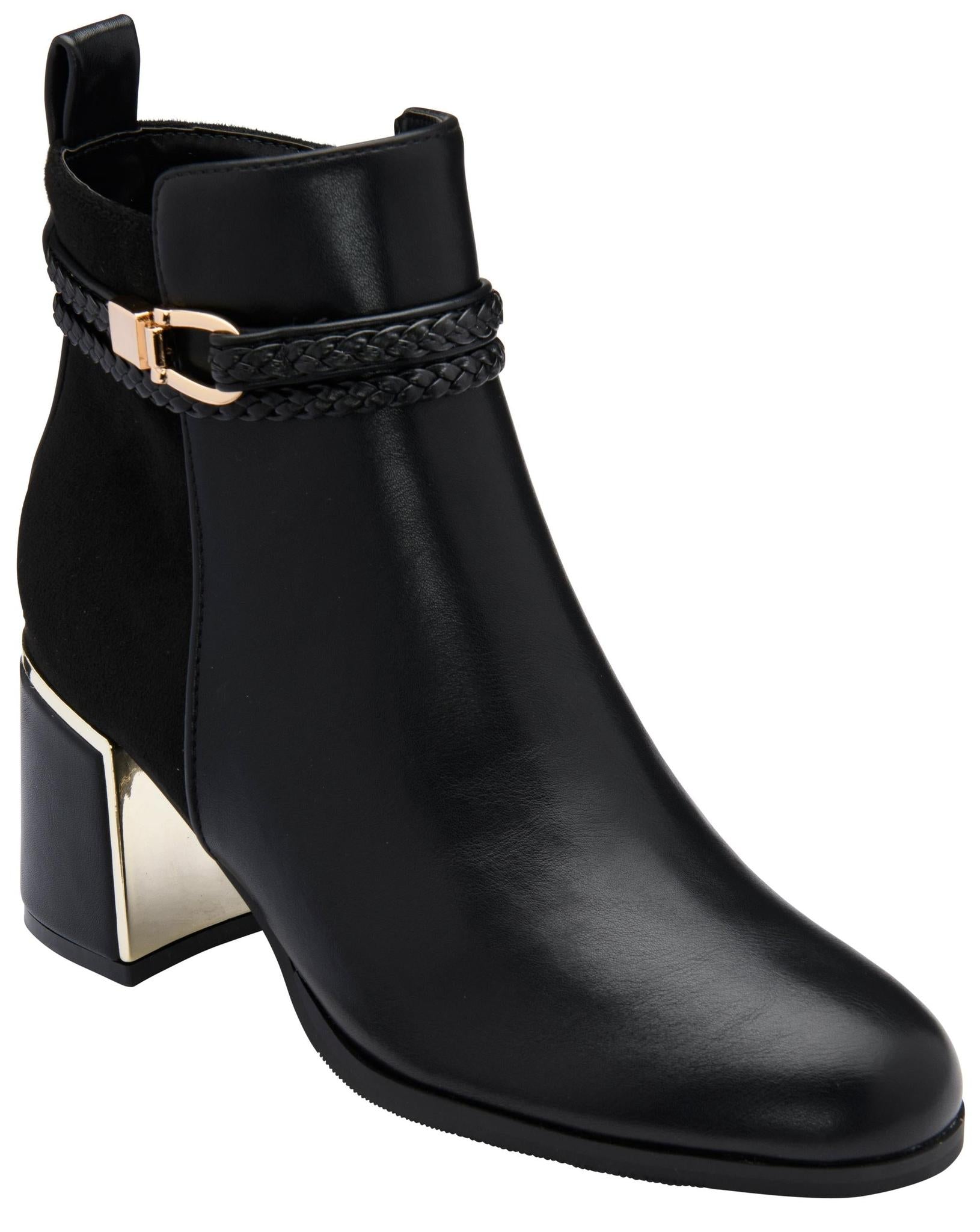 Lotus ULB529 Winona women's black combi buckle side zip heeled ankle boots, front three-quarter view.