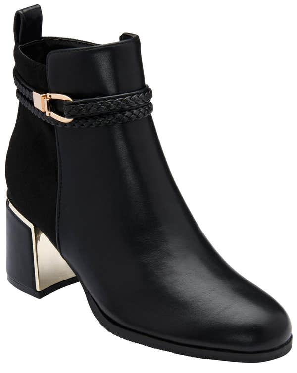 Lotus ULB529 Winona women's black combi buckle side zip heeled ankle boots, front three-quarter view.