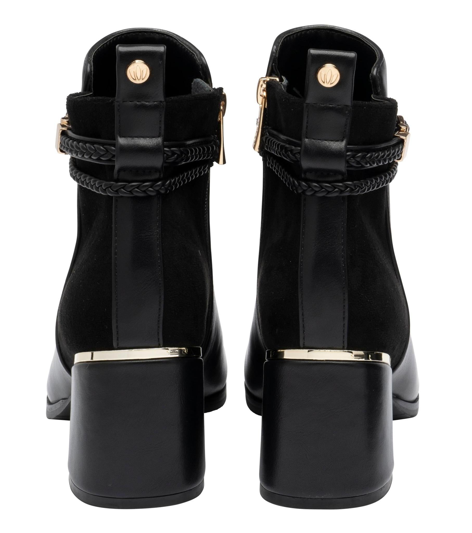 Lotus ULB529 Winona women's black combi buckle side zip heeled ankle boots, heel view.