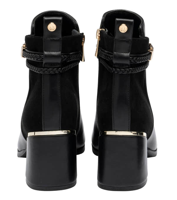 Lotus ULB529 Winona women's black combi buckle side zip heeled ankle boots, heel view.