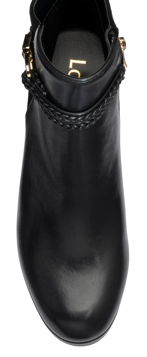 Lotus ULB529 Winona women's black combi buckle side zip heeled ankle boots, toe detail.