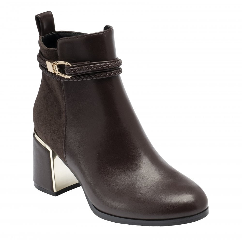 Lotus ULB529 Winona women's brown combi buckle side zip heeled ankle boots, front three-quarter view.
