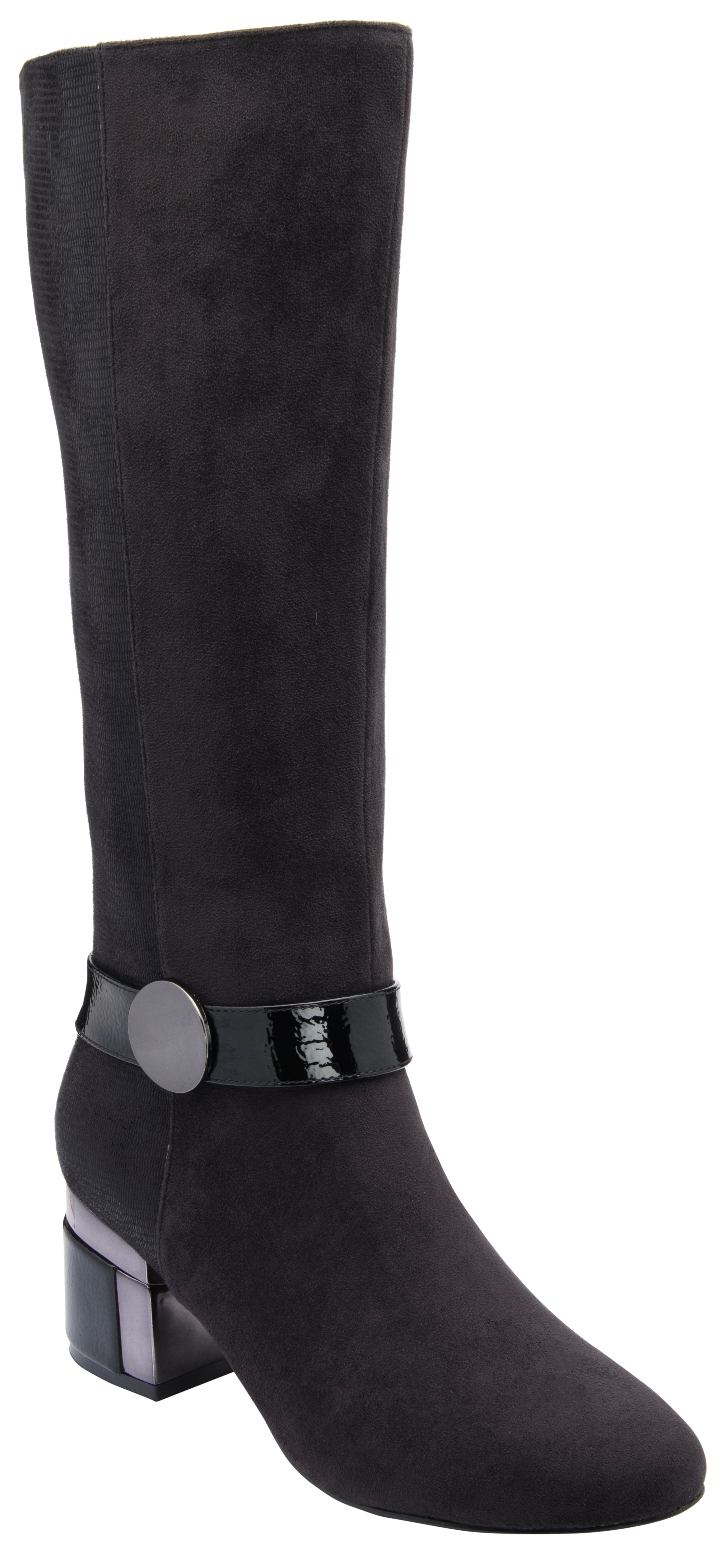 Lotus ULB540 Solia women's black combi side zip heeled knee high boots, front three-quarter view.