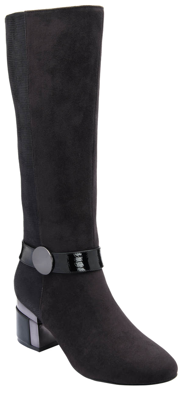 Lotus ULB540 Solia women's black combi side zip heeled knee high boots, front three-quarter view.