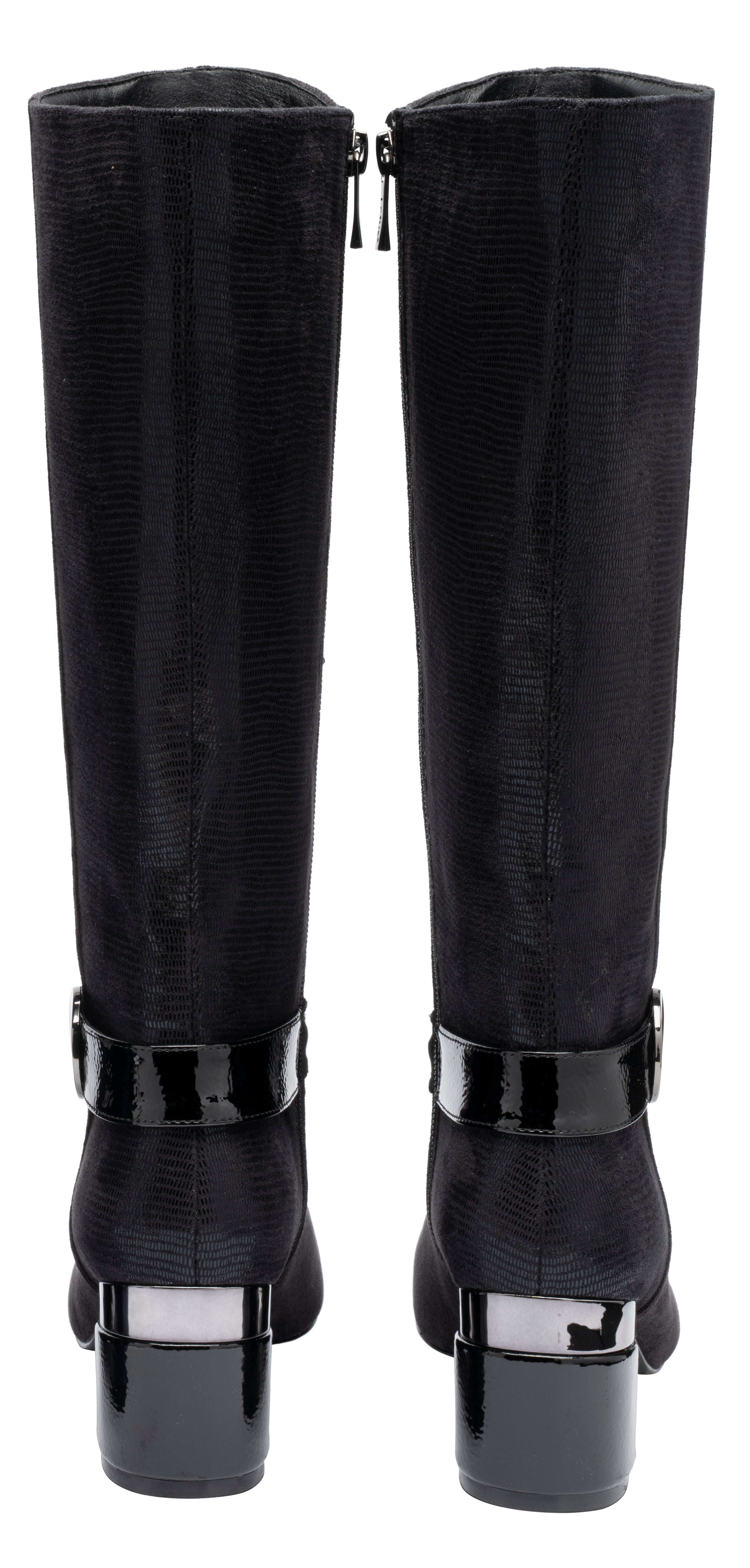 Lotus ULB540 Solia women's black combi side zip heeled knee high boots, heel view.