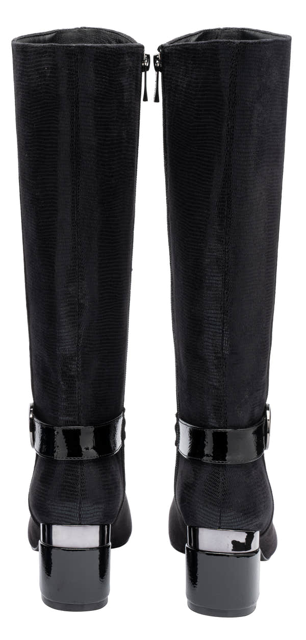 Lotus ULB540 Solia women's black combi side zip heeled knee high boots, heel view.