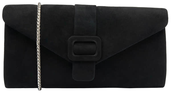 Lotus ULG085 Aletta Black Suede Occasion Clutch Bag, front three-quarter view.