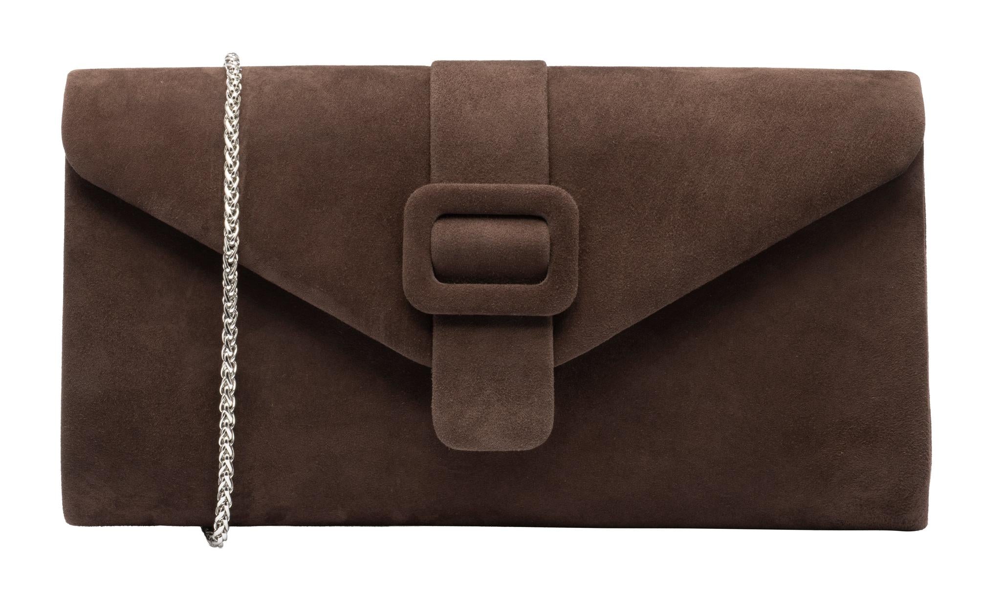 Lotus ULG085 Aletta Brown Suede Occasion Clutch Bag, front three-quarter view.