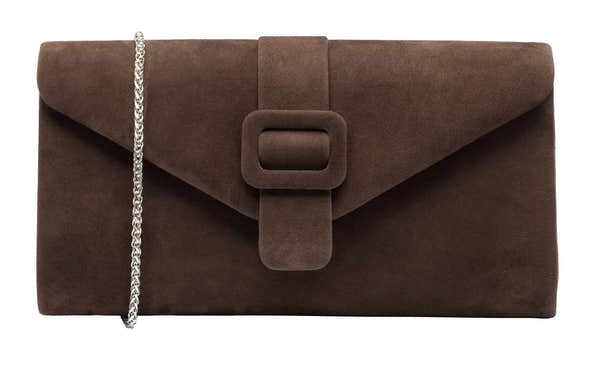 Lotus ULG085 Aletta Brown Suede Occasion Clutch Bag, front three-quarter view.