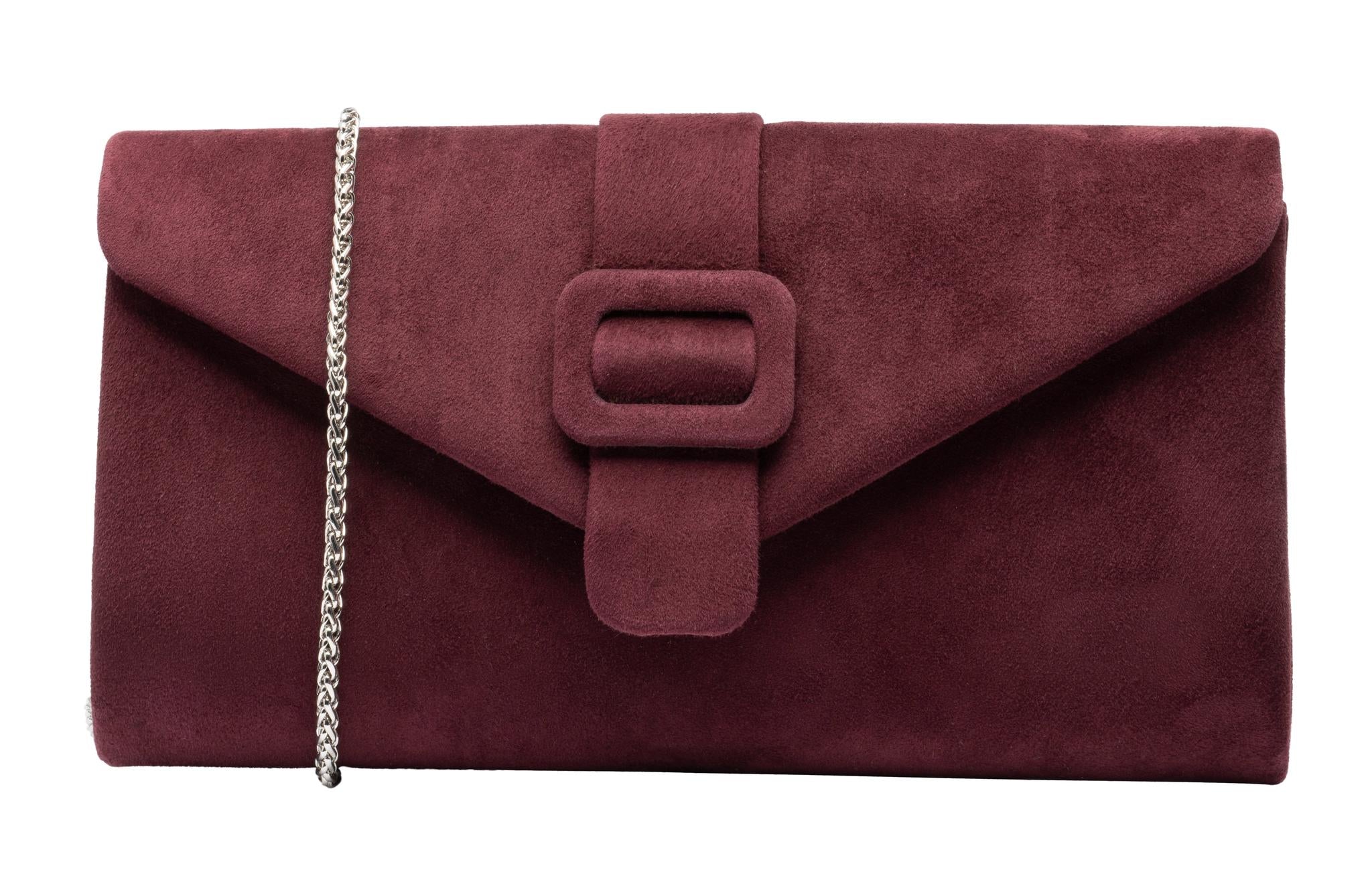 Lotus ULG085 Aletta Burgundy Suede Occasion Clutch Bag, front three-quarter view.
