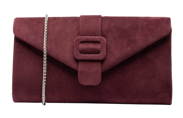Lotus ULG085 Aletta Burgundy Suede Occasion Clutch Bag, front three-quarter view.