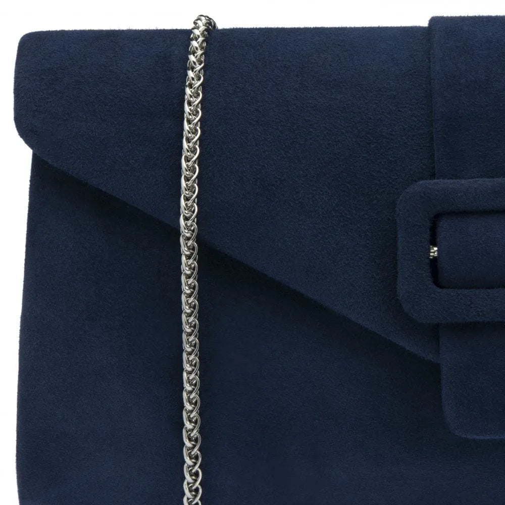 Lotus ULG085 Aletta Navy Blue Suede Occasion Clutch Bag, buckle detail.