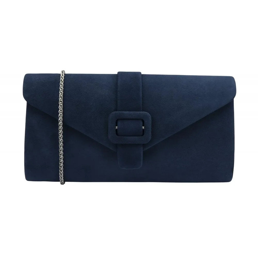 Lotus ULG085 Aletta Navy Blue Suede Occasion Clutch Bag, front three-quarter view.