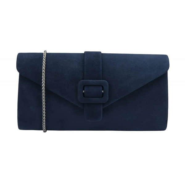 Lotus ULG085 Aletta Navy Blue Suede Occasion Clutch Bag, front three-quarter view.