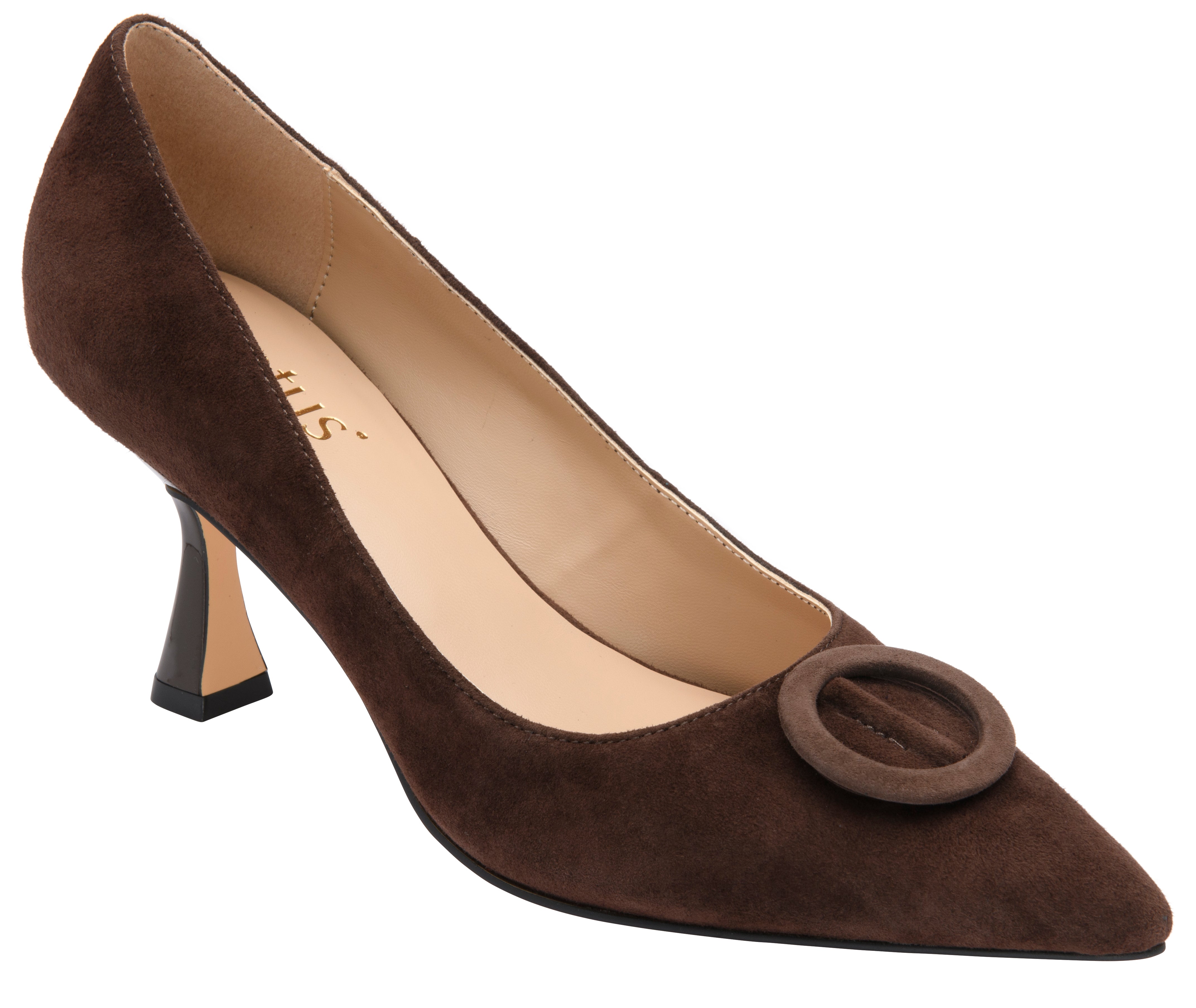 Lotus ULS600 Henley women's brown suede buckle court shoes, front three-quarter view.