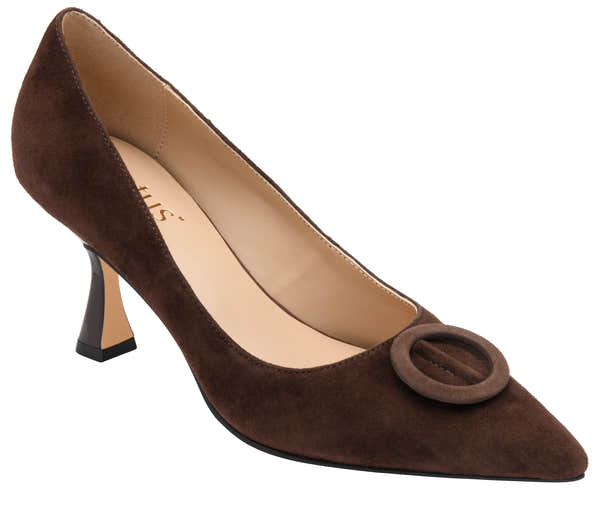 Lotus ULS600 Henley women's brown suede buckle court shoes, front three-quarter view.