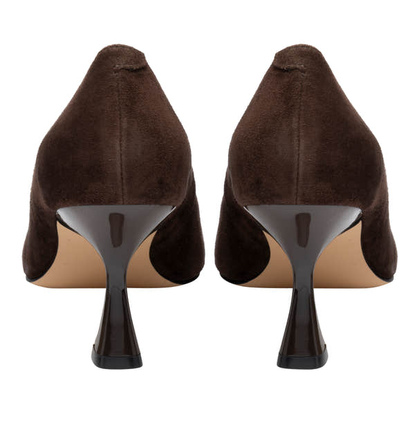 Lotus ULS600 Henley women's brown suede buckle court shoes, heel view.