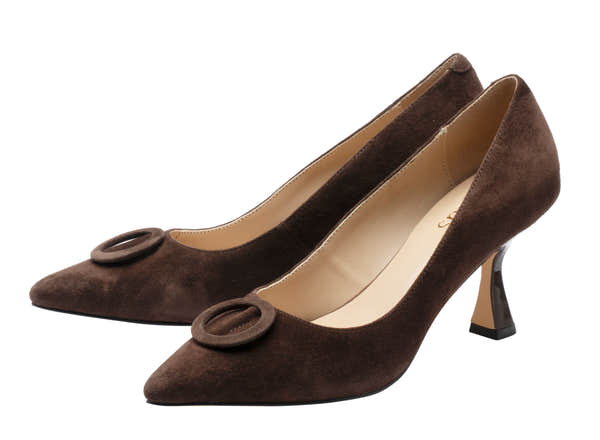 Lotus ULS600 Henley women's brown suede buckle court shoes, pair view.