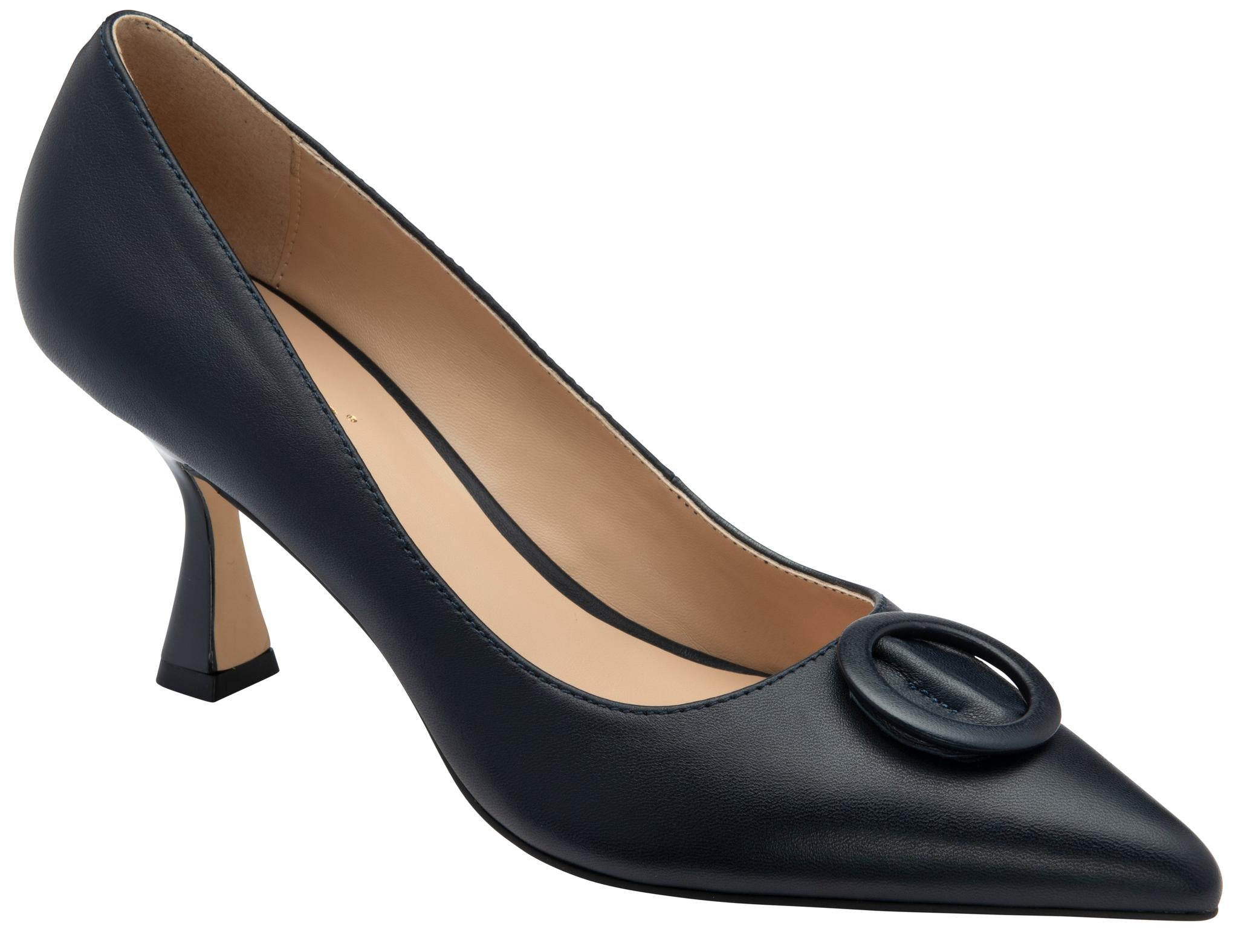 Lotus ULS600 Henley women's navy blue leather buckle court shoes, front three-quarter view.