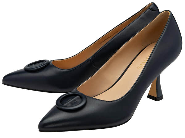 Lotus ULS600 Henley women's navy blue leather buckle court shoes, pair view.