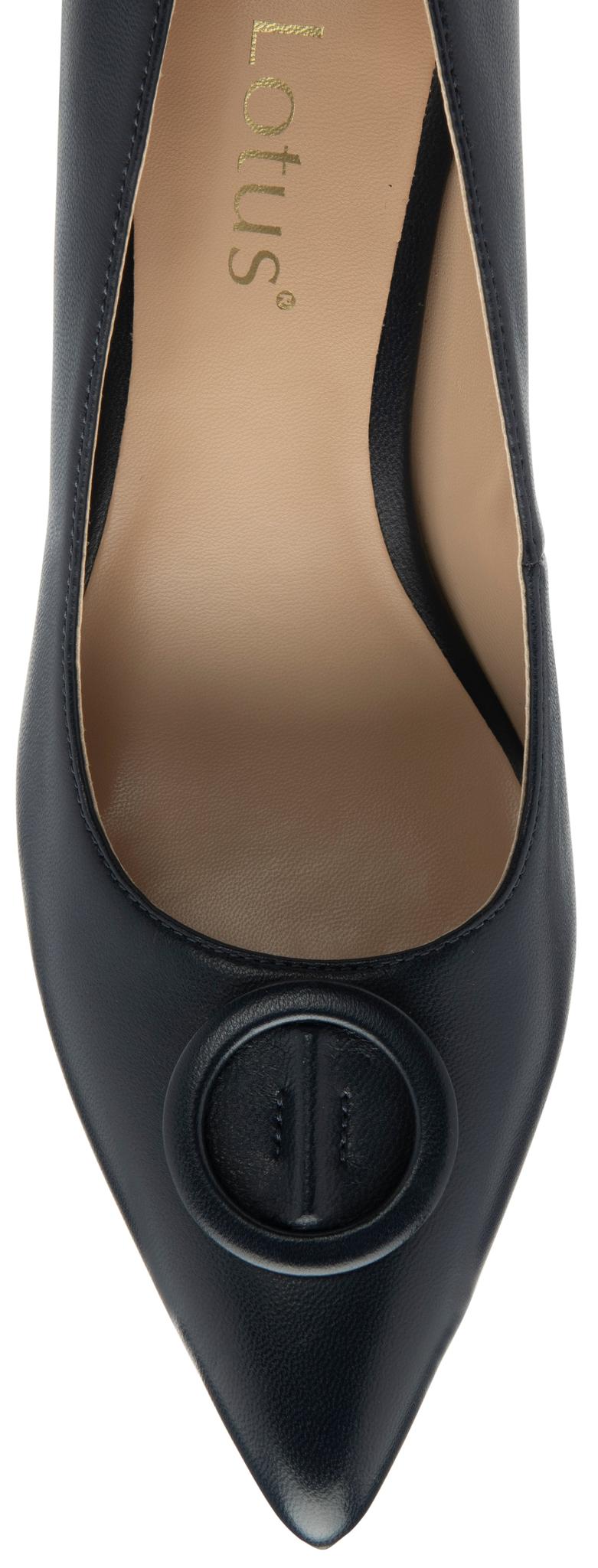 Lotus ULS600 Henley women's navy blue leather buckle court shoes, toe detail.