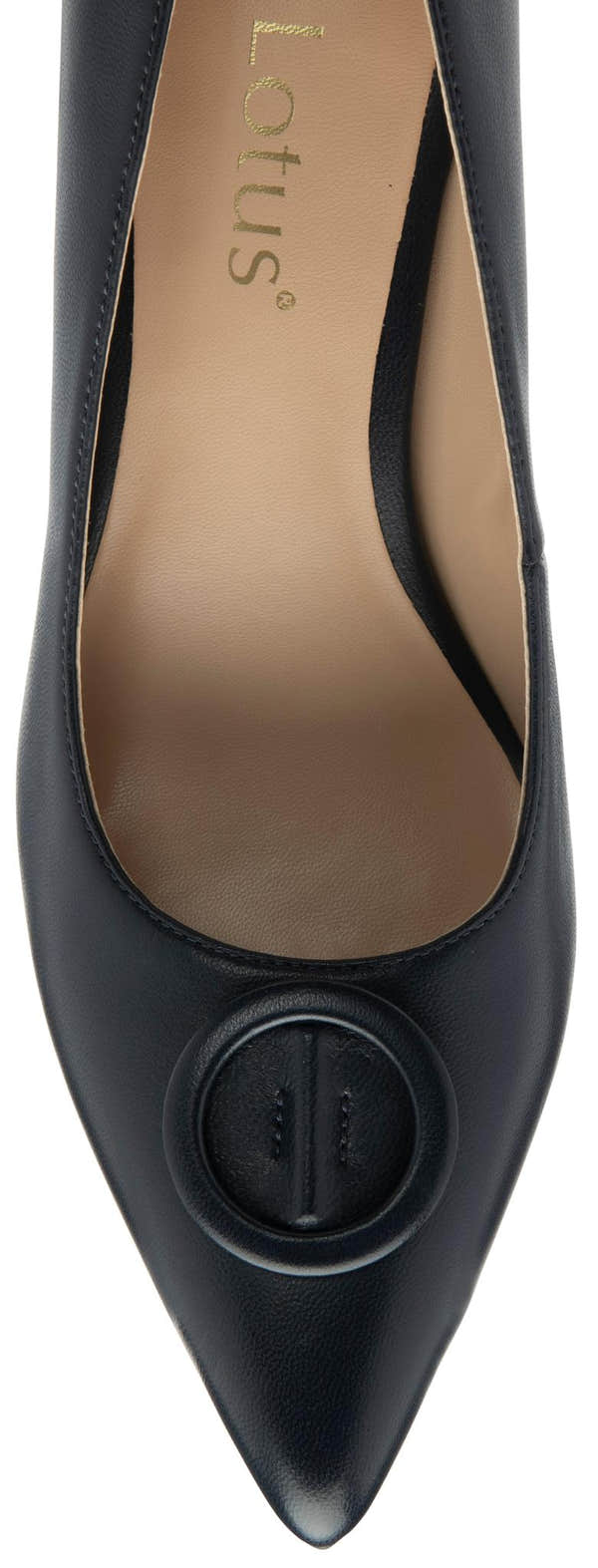 Lotus ULS600 Henley women's navy blue leather buckle court shoes, toe detail.