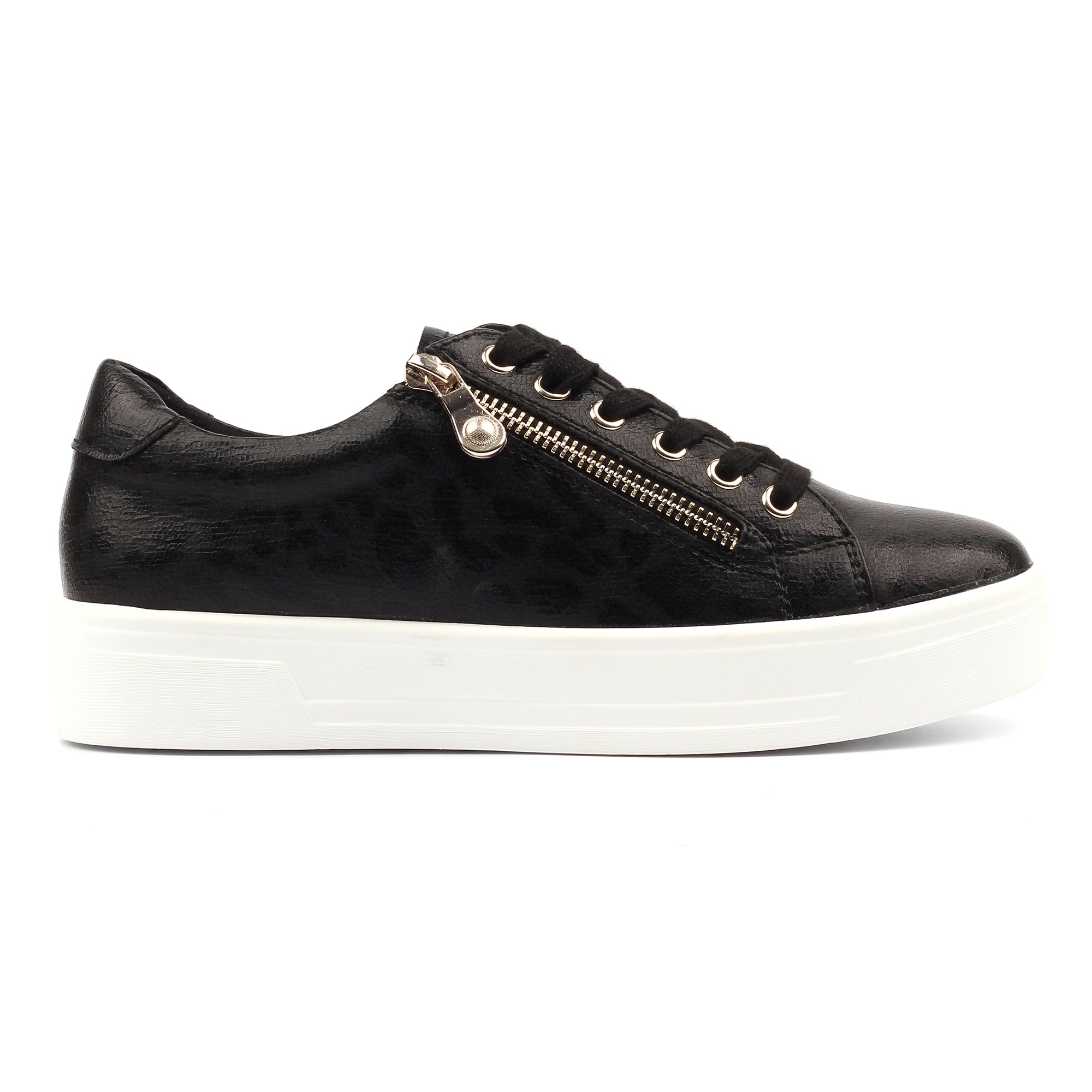 Lunar DLB100 Charm II Ladies Black Zip & Lace Trainers, front three-quarter view.