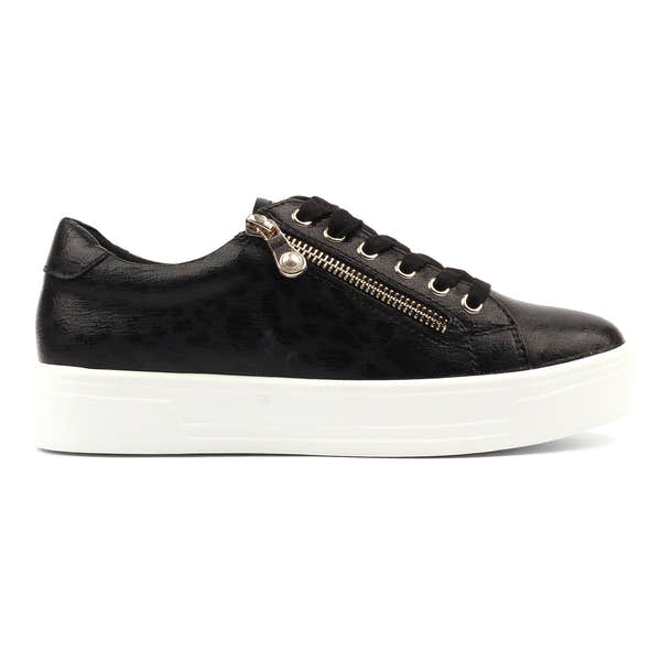 Lunar DLB100 Charm II Ladies Black Zip & Lace Trainers, front three-quarter view.