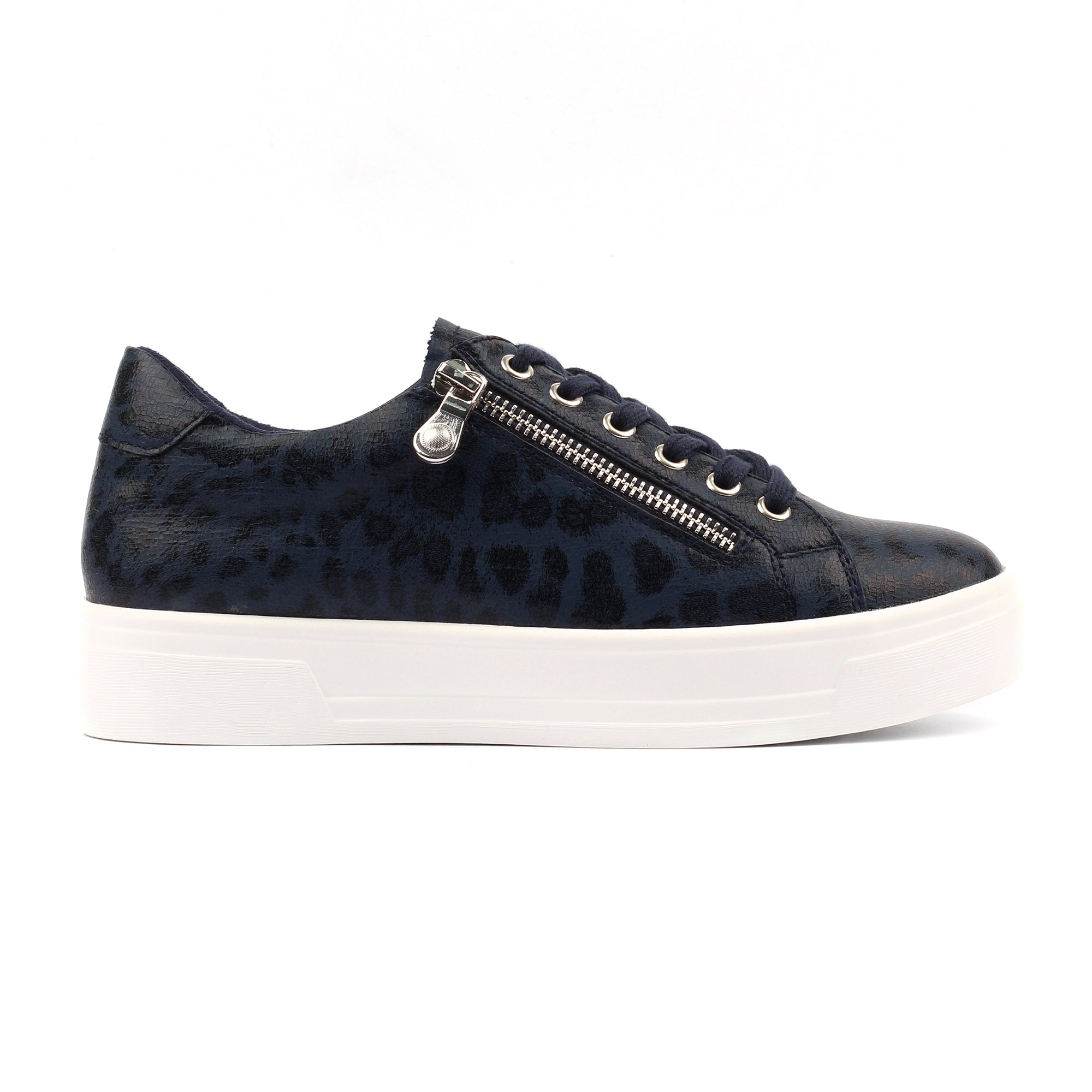 Lunar DLB100 Charm II Ladies Navy Blue Side Zip Trainers, front three-quarter view.
