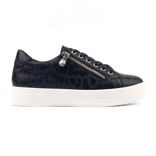 Lunar DLB100 Charm II Ladies Navy Blue Side Zip Trainers, front three-quarter view.