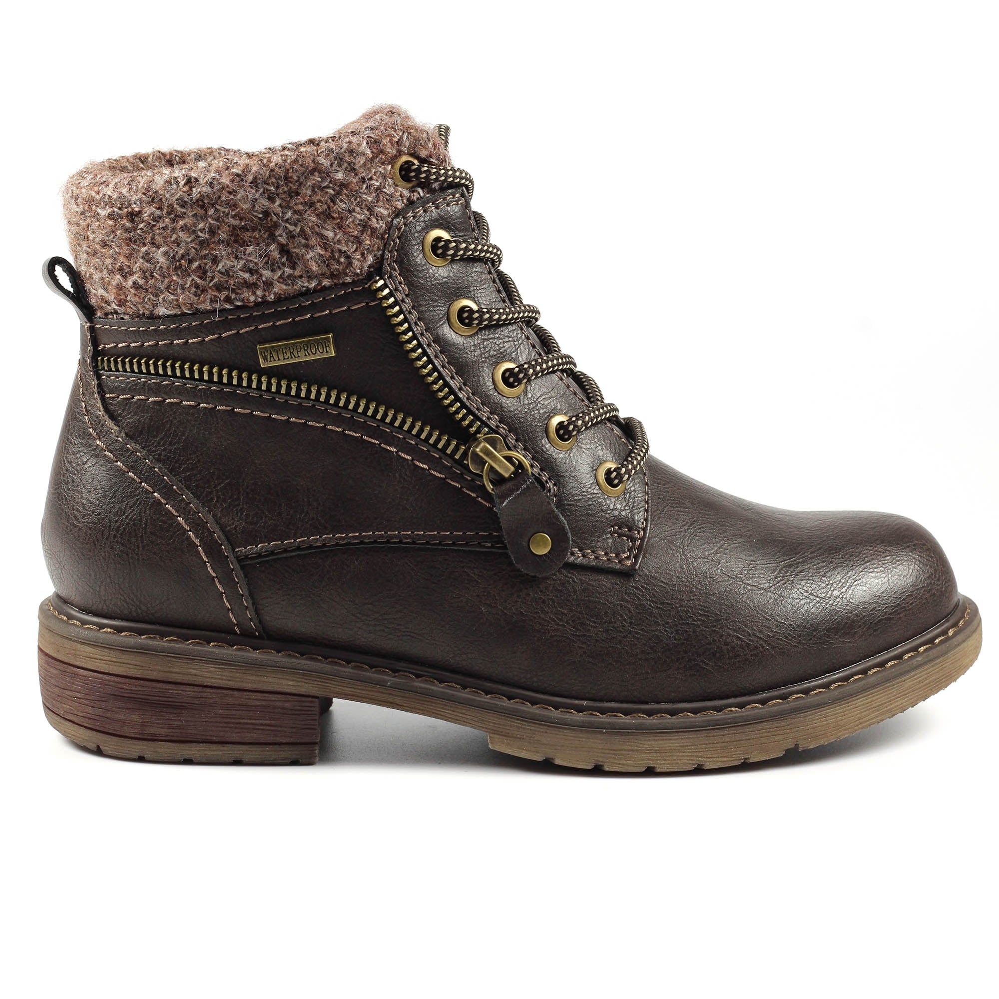 Lunar GLB090 Benson III Ladies Brown Waterproof Zip & Lace Ankle Boots, front three-quarter view.