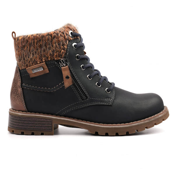 Lunar GLB123 Millie Ladies Navy Blue Waterproof Zip & Lace Ankle Boots, front three-quarter view.