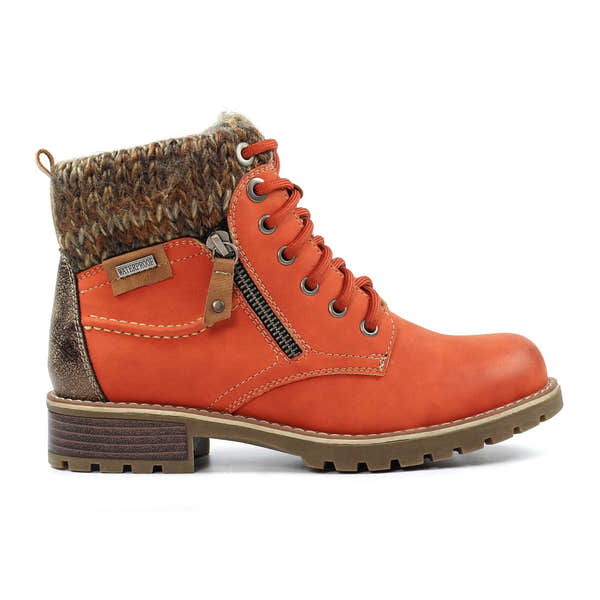 Lunar GLB123 Millie Ladies Orange Waterproof Zip & Lace Ankle Boots, front three-quarter view.