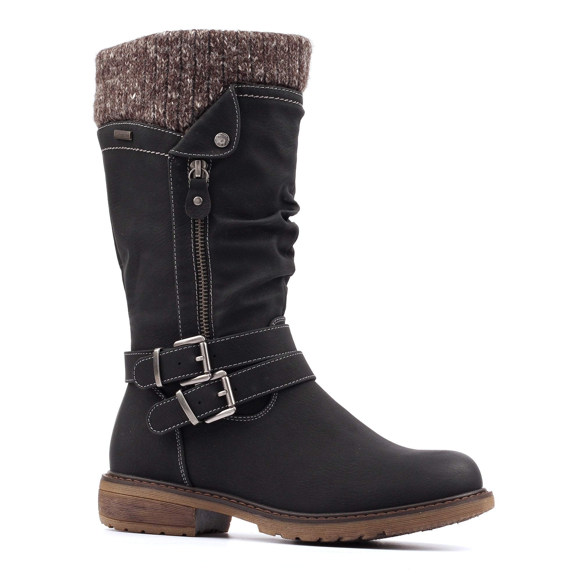 Lunar GLB134 Peyton Ladies Black Waterproof Side Zip Knee High Boots, front three-quarter view.