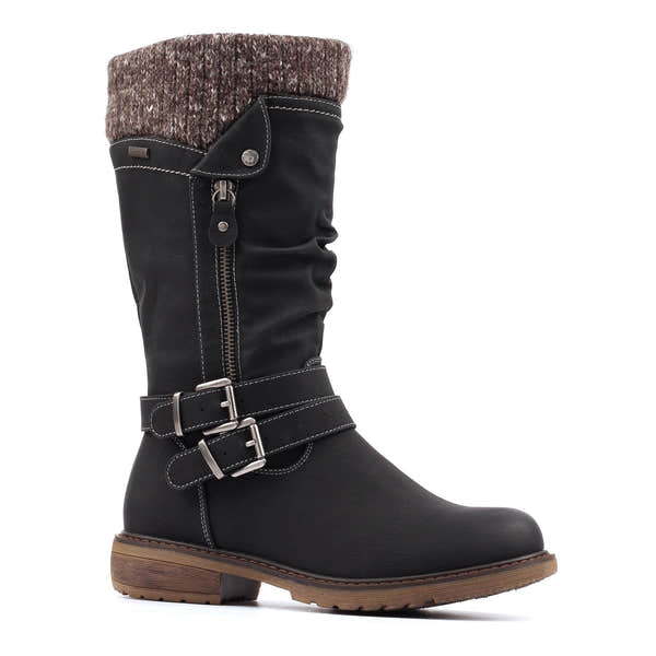 Lunar GLB134 Peyton Ladies Black Waterproof Side Zip Knee High Boots, front three-quarter view.