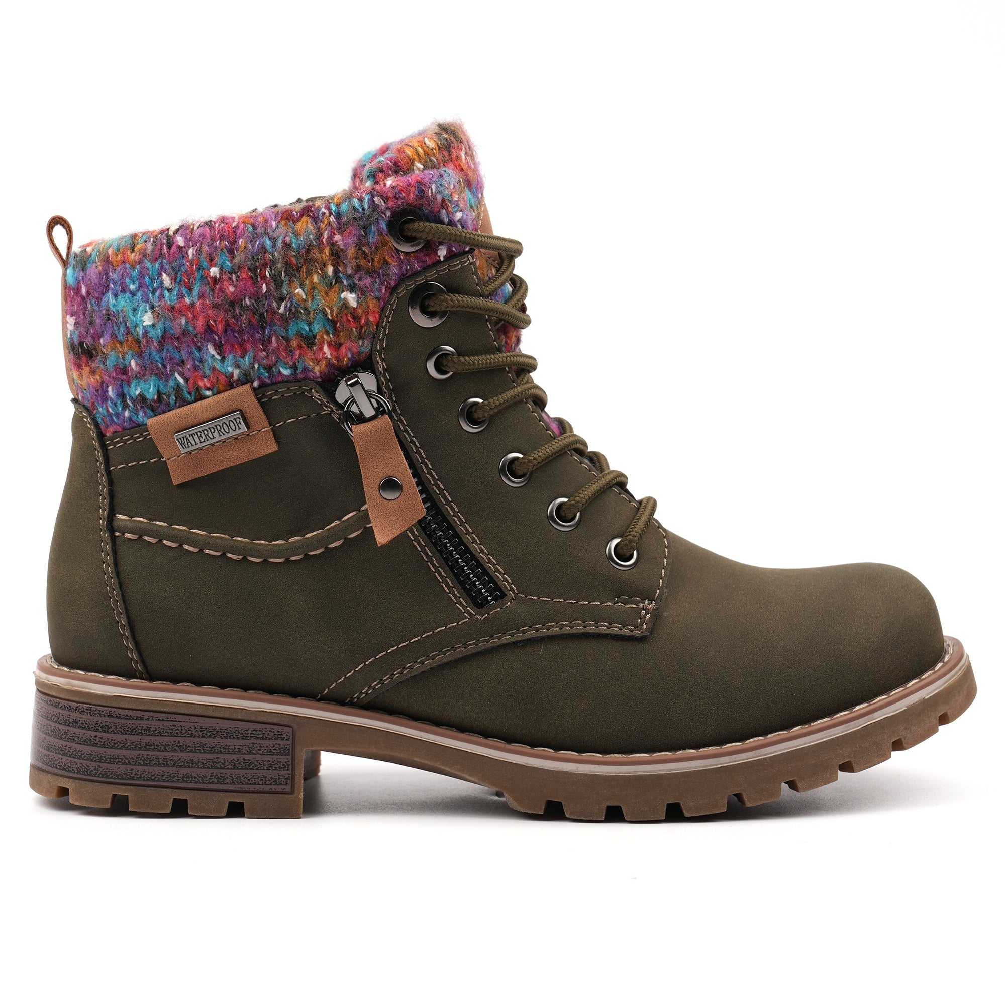 Lunar GLB204 Tabasco Ladies Olive Green Waterproof Zip & Lace Ankle Boots, front three-quarter view.