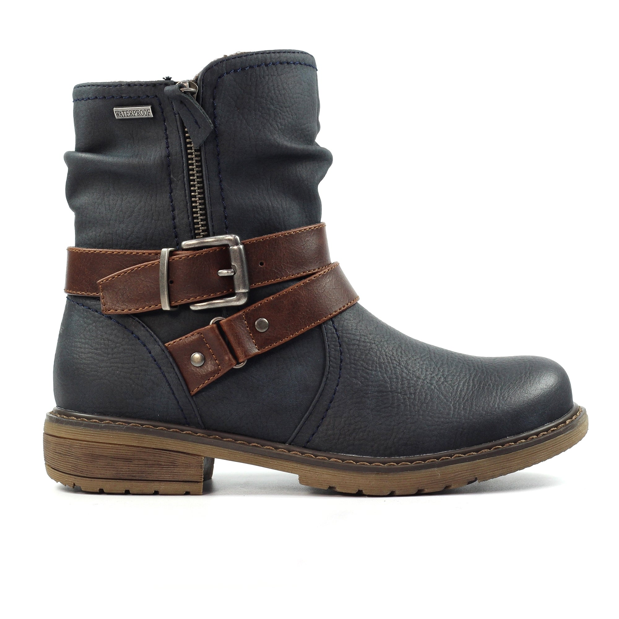 Lunar GLB216 Chime III Ladies Navy Blue Waterproof Ankle Boots, front three-quarter view.