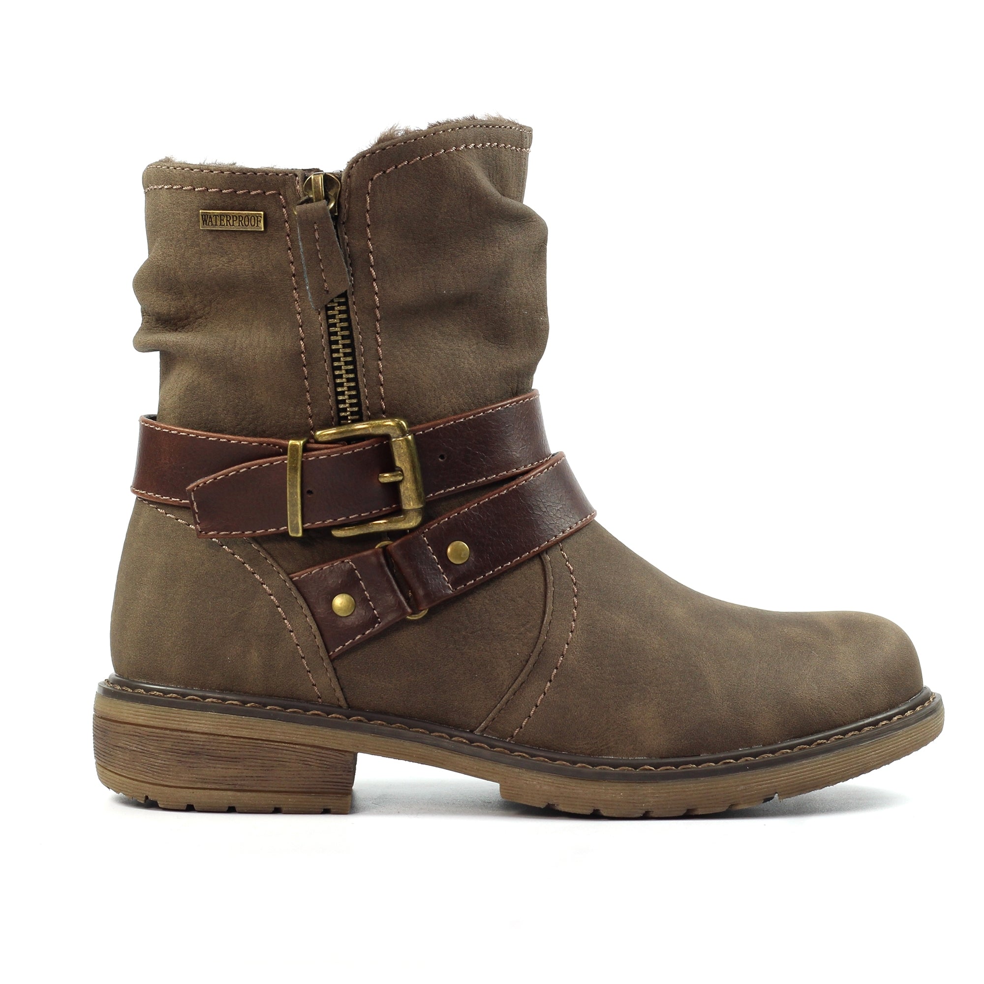 Lunar GLB216 Chime III Ladies Taupe Waterproof Ankle Boots, front three-quarter view.