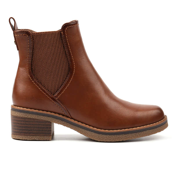 Lunar GLC013 Conrad Ladies Tan Side Zip Heeled Ankle Boots, front three-quarter view.
