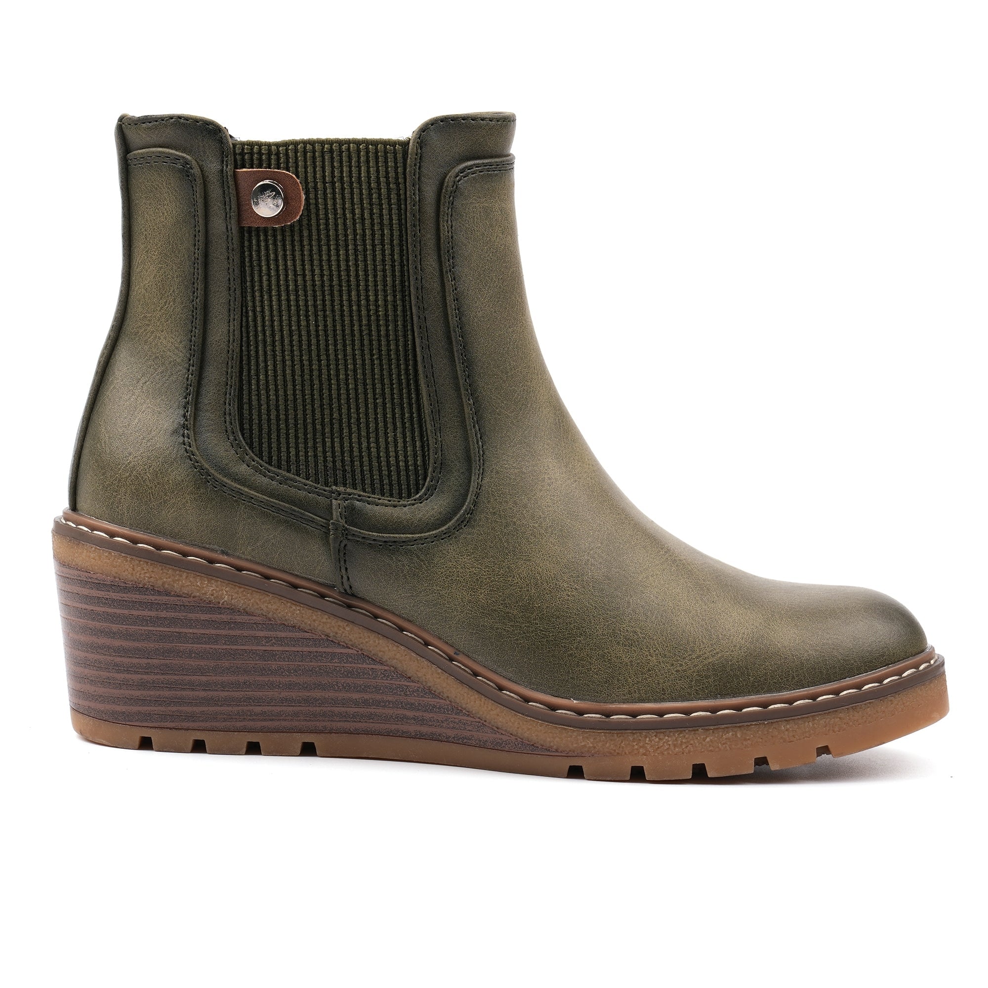 Lunar GLC014 Connie Ladies Green Side Zip Wedge Ankle Boots, front three-quarter view.