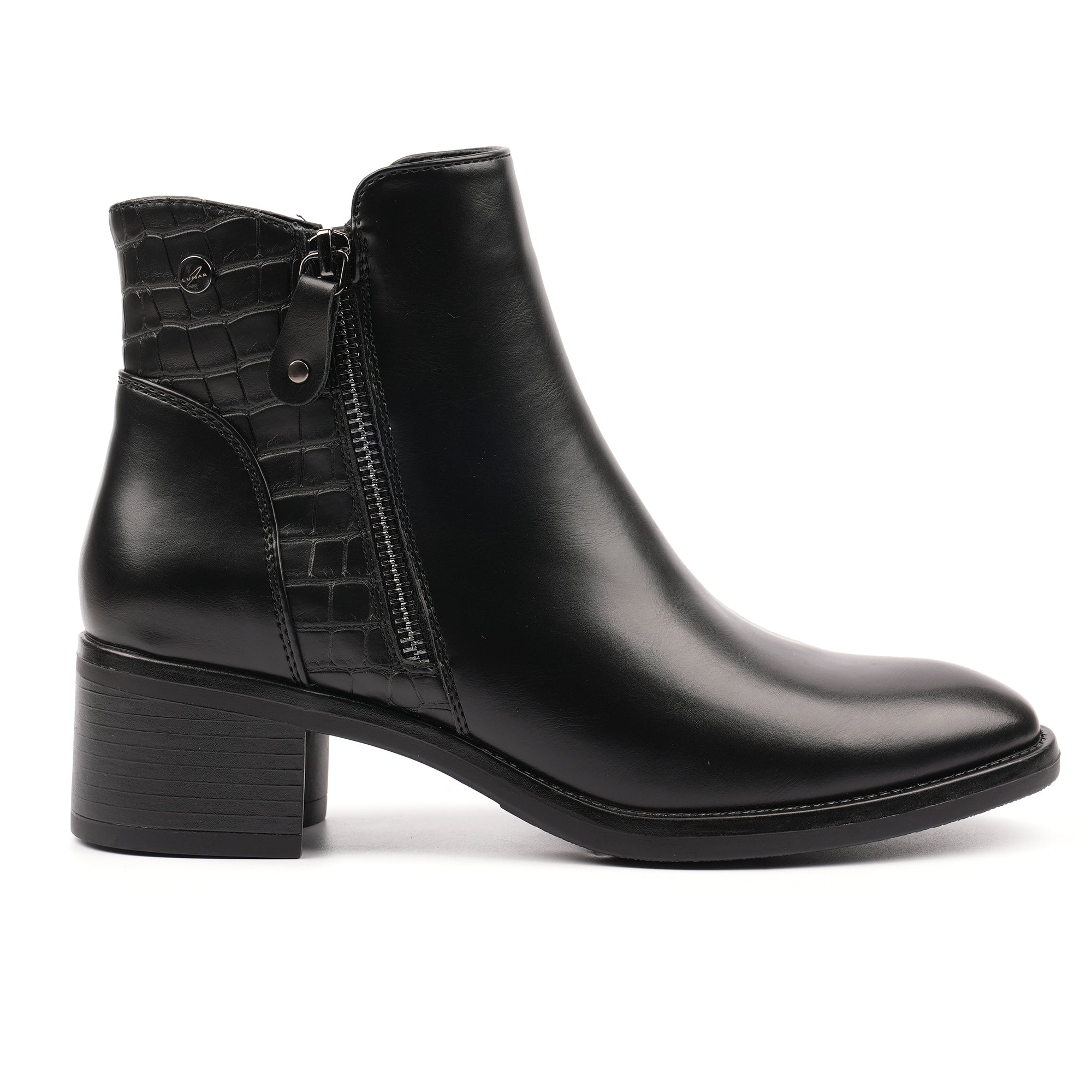 Lunar GLC020 Hayley Ladies Black Side Zip Heeled Ankle Boots, front three-quarter view.