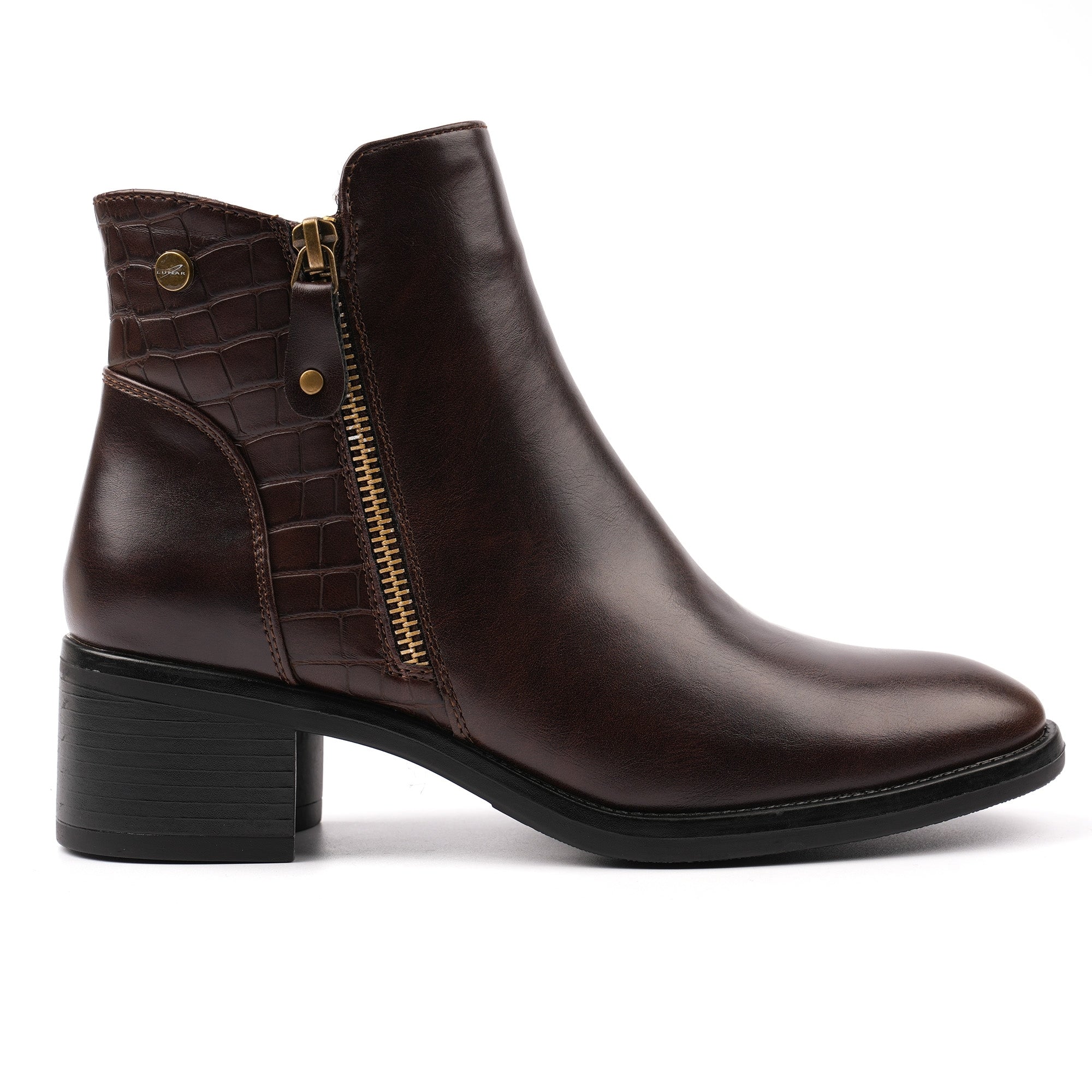Lunar GLC020 Hayley Ladies Brown Side Zip Heeled Ankle Boots, front three-quarter view.