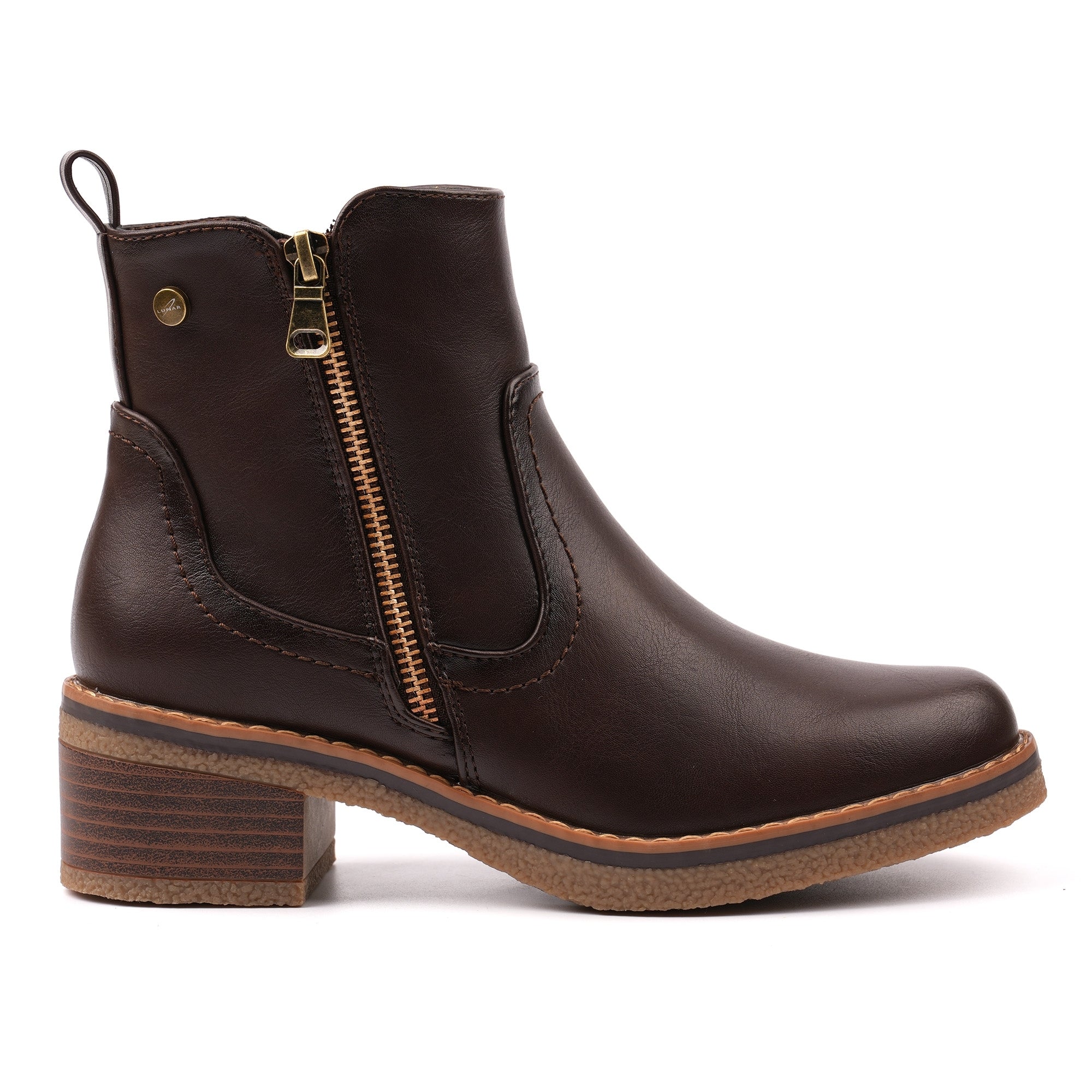 Lunar GLC021 Heaven Ladies Brown Side Zip Heeled Ankle Boots, front three-quarter view.