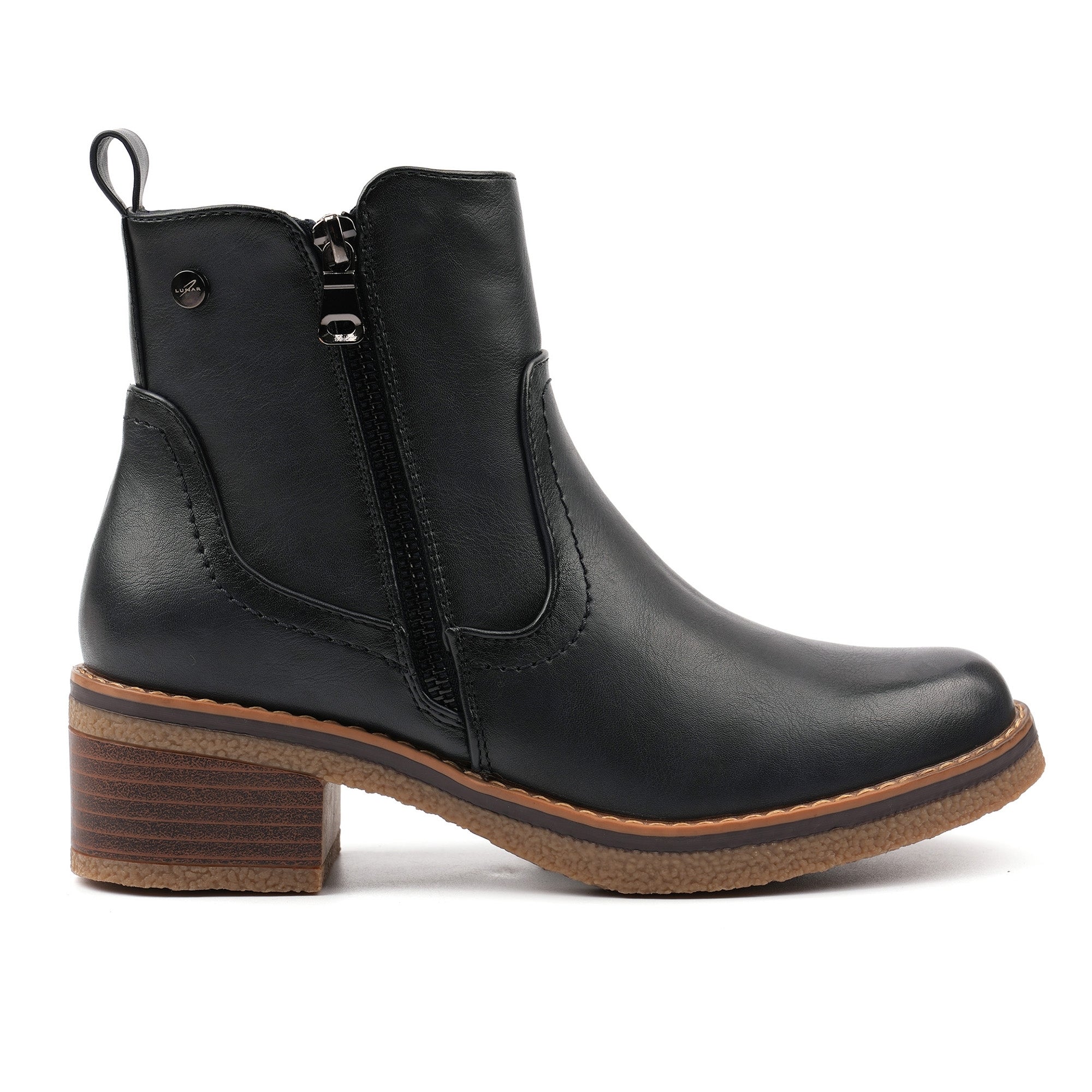Lunar GLC021 Heaven Ladies Navy Blue Side Zip Heeled Ankle Boots, front three-quarter view.