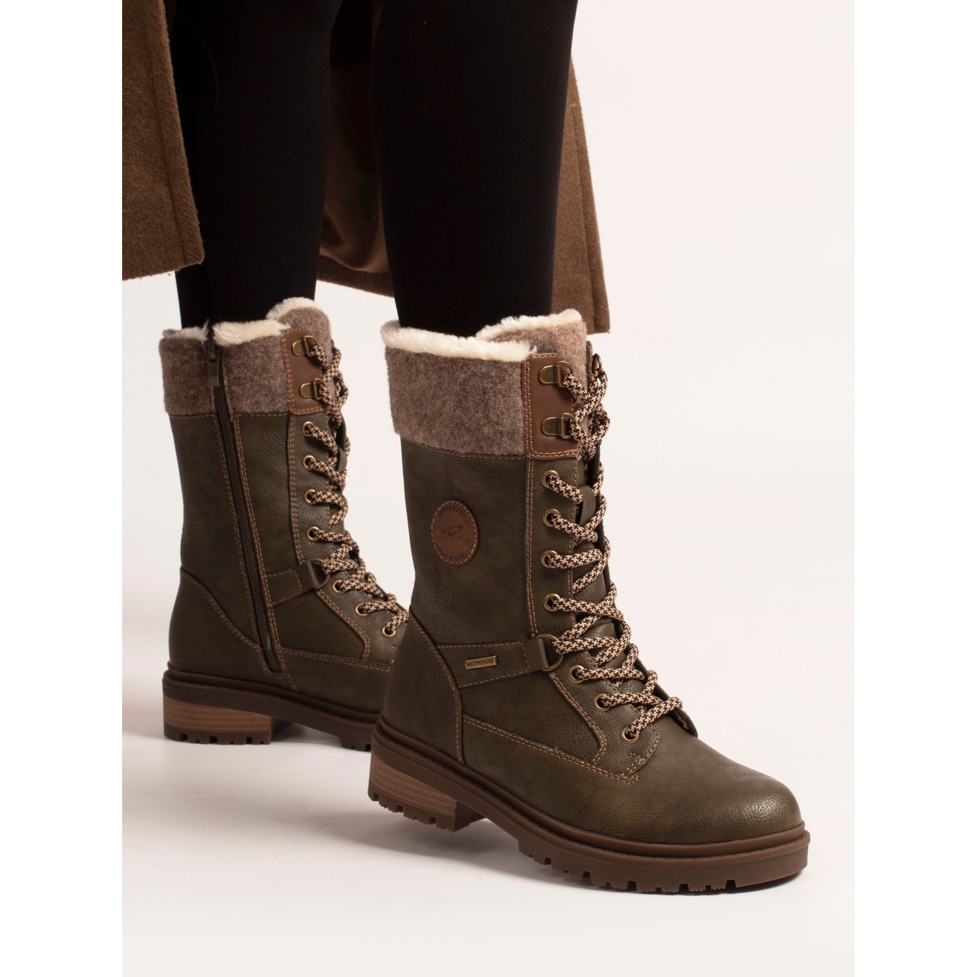 Lunar GLH006 Cambridge Ladies Khaki Green Waterproof Ice Grip Zip & Lace Mid-Calf Boots, alternate product view 2.