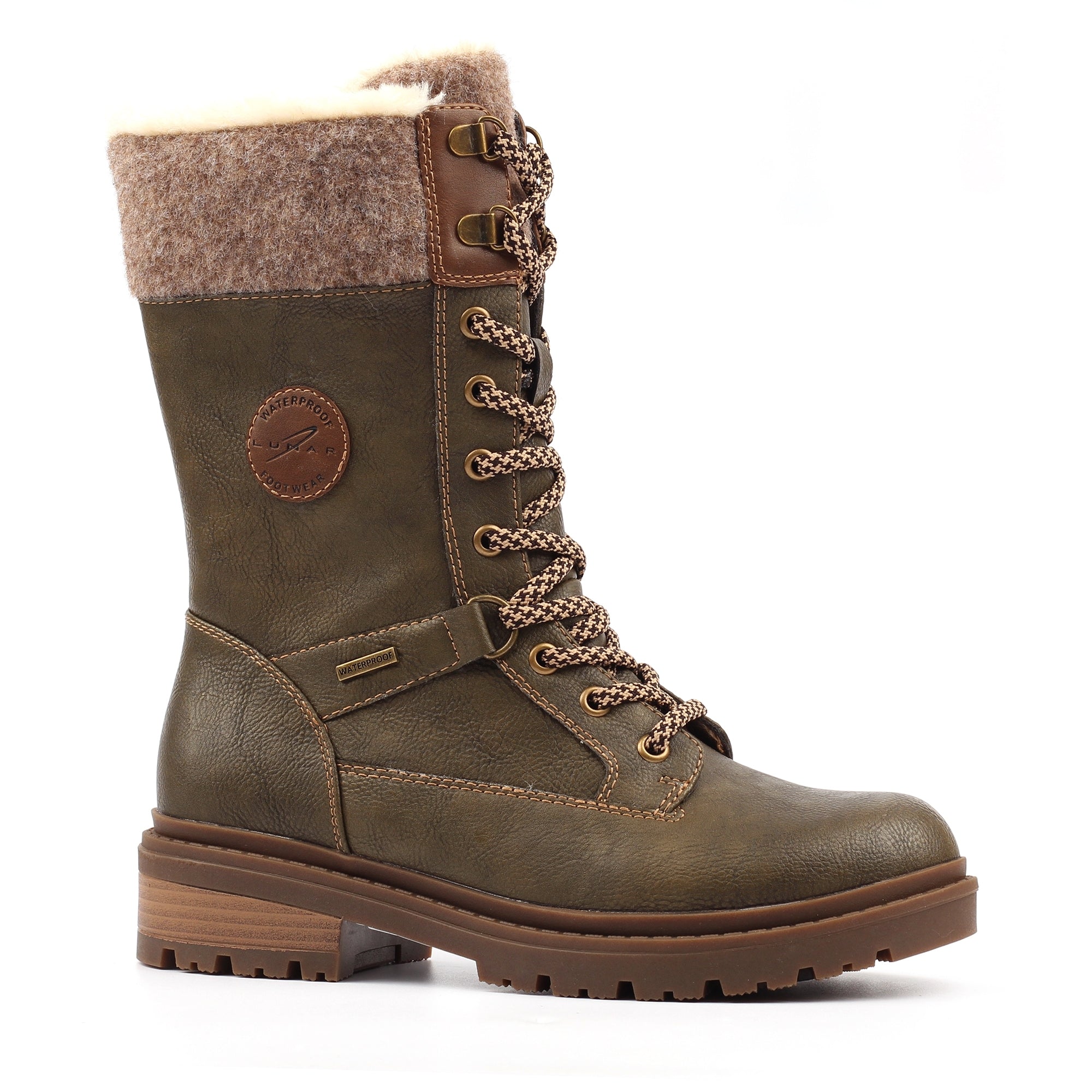 Lunar GLH006 Cambridge Ladies Khaki Green Waterproof Ice Grip Zip & Lace Mid-Calf Boots, alternate product view 3.