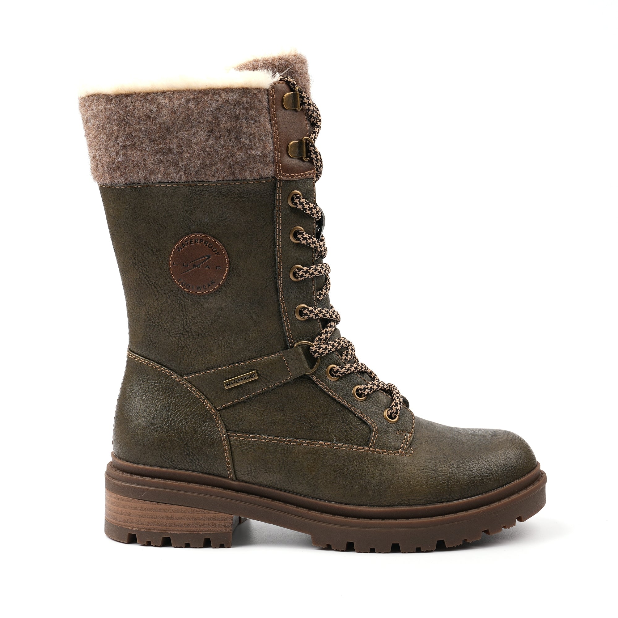 Lunar GLH006 Cambridge Ladies Khaki Green Waterproof Ice Grip Zip & Lace Mid-Calf Boots, front three-quarter view.