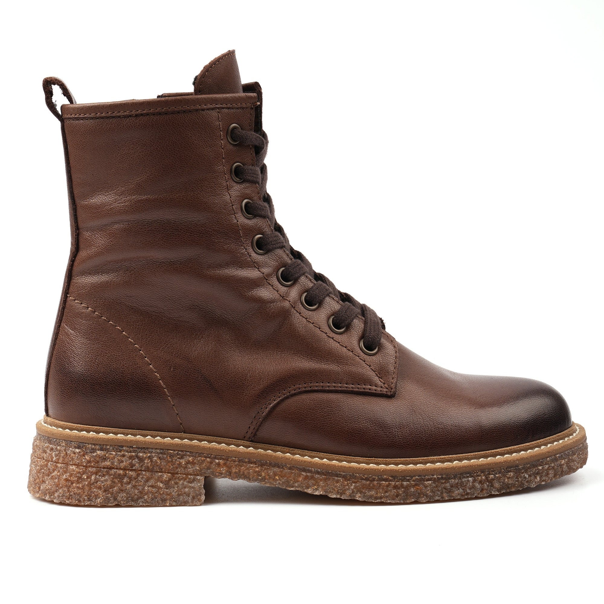 Lunar GLM002 Venus Ladies Brown Leather Zip & Lace Ankle Boots, front three-quarter view.
