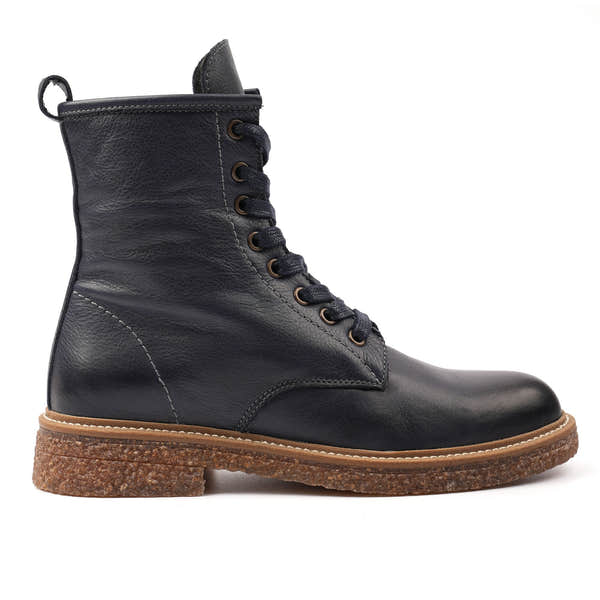 Lunar GLM002 Venus Ladies Navy Blue Leather Zip & Lace Ankle Boots, front three-quarter view.
