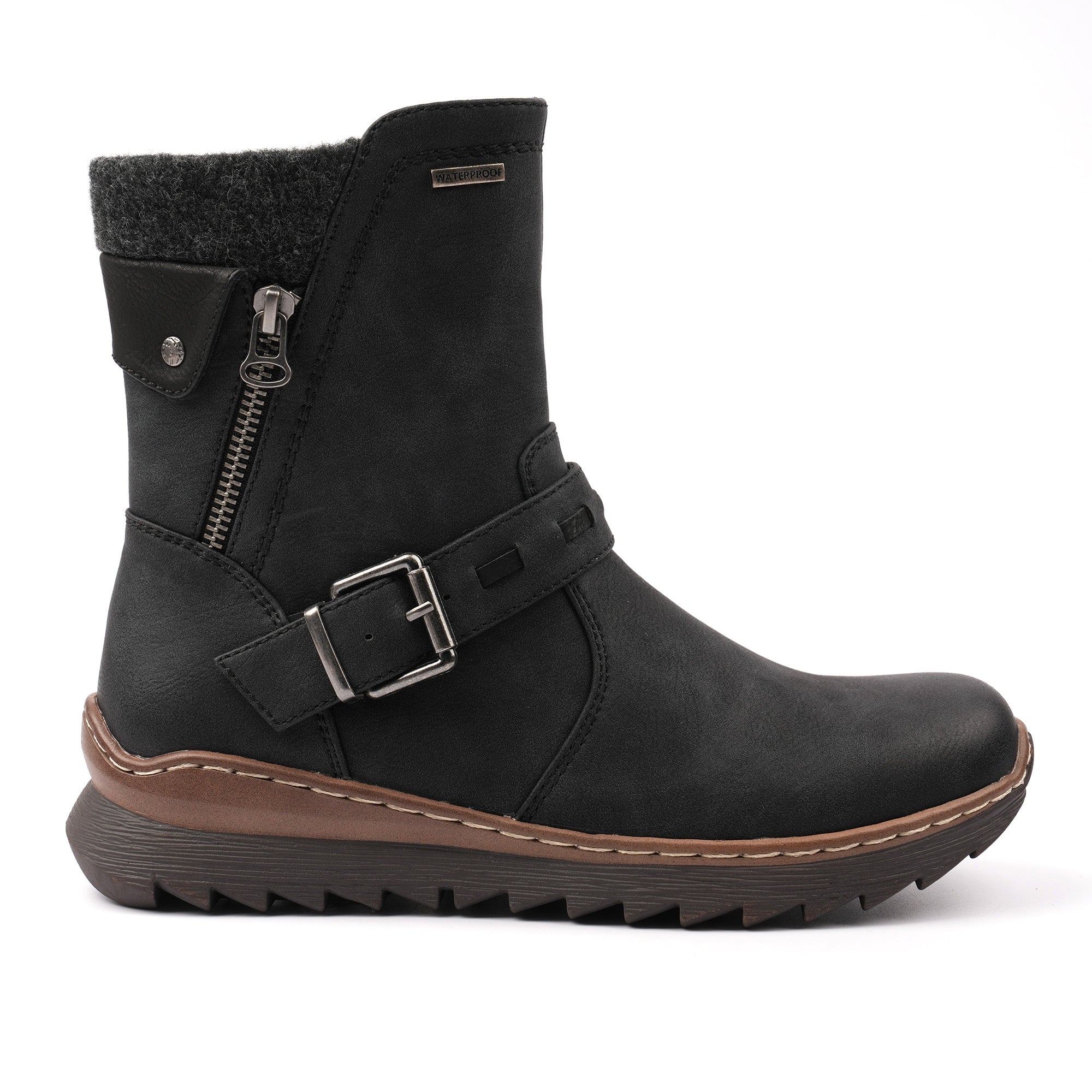 Lunar GLR131 Haley Ladies Black Waterproof Side Zip Ankle Boots, front three-quarter view.